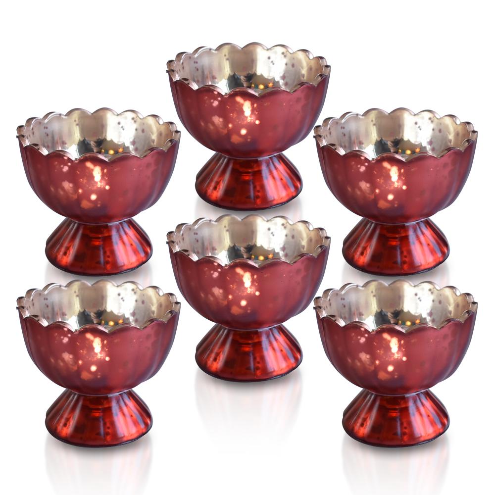 6-Pack Vintage Mercury Glass Chalice Candle Holder (3-Inch, Suzanne Design, Rustic Copper Red) - For Use with Tea Lights - For Home Decor, Parties and Wedding Decorations - Luna Bazaar | Boho &amp; Vintage Style Decor