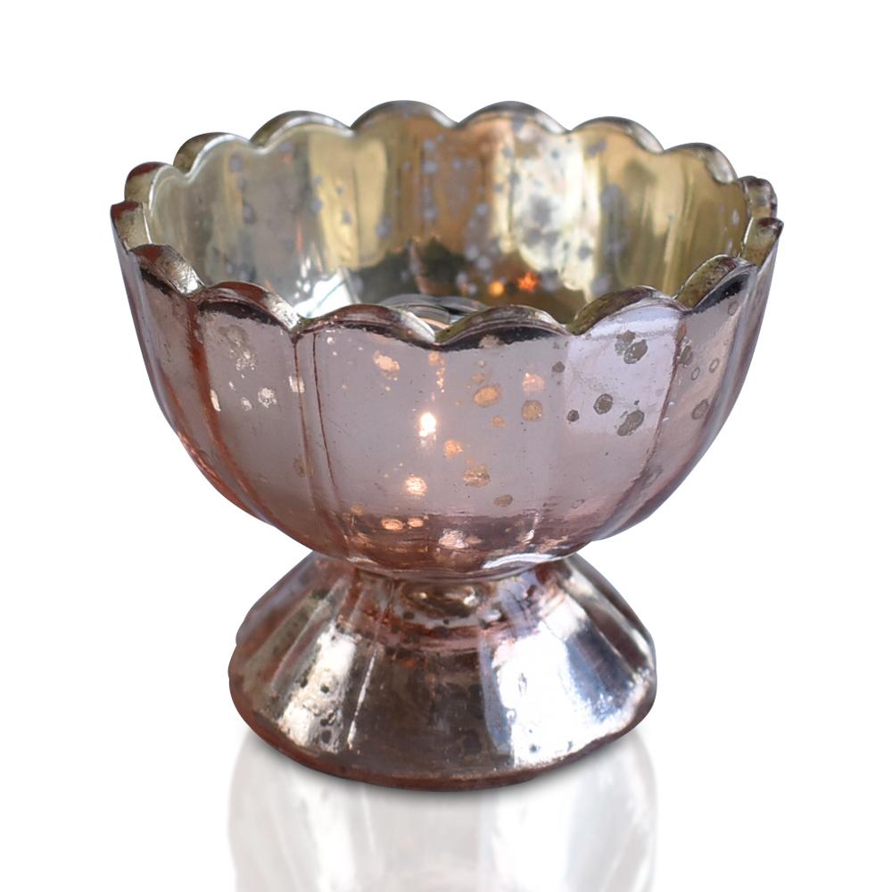 Vintage Mercury Glass Candle Holder (3-Inch, Suzanne Design, Sundae Cup Motif, Rose Gold Pink) - For Use with Tea Lights - Home Decor and Wedding Decorations - Luna Bazaar | Boho &amp; Vintage Style Decor
