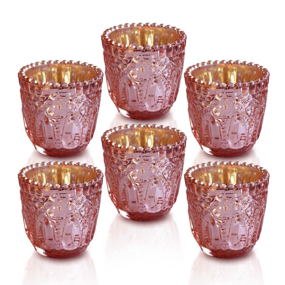 6 Pack | Faceted Vintage Mercury Glass Candle Holders (2.75-Inch, Lillian Design, Electric Pink) - Use with Tea Lights - For Home Decor, Parties and Wedding Decorations
