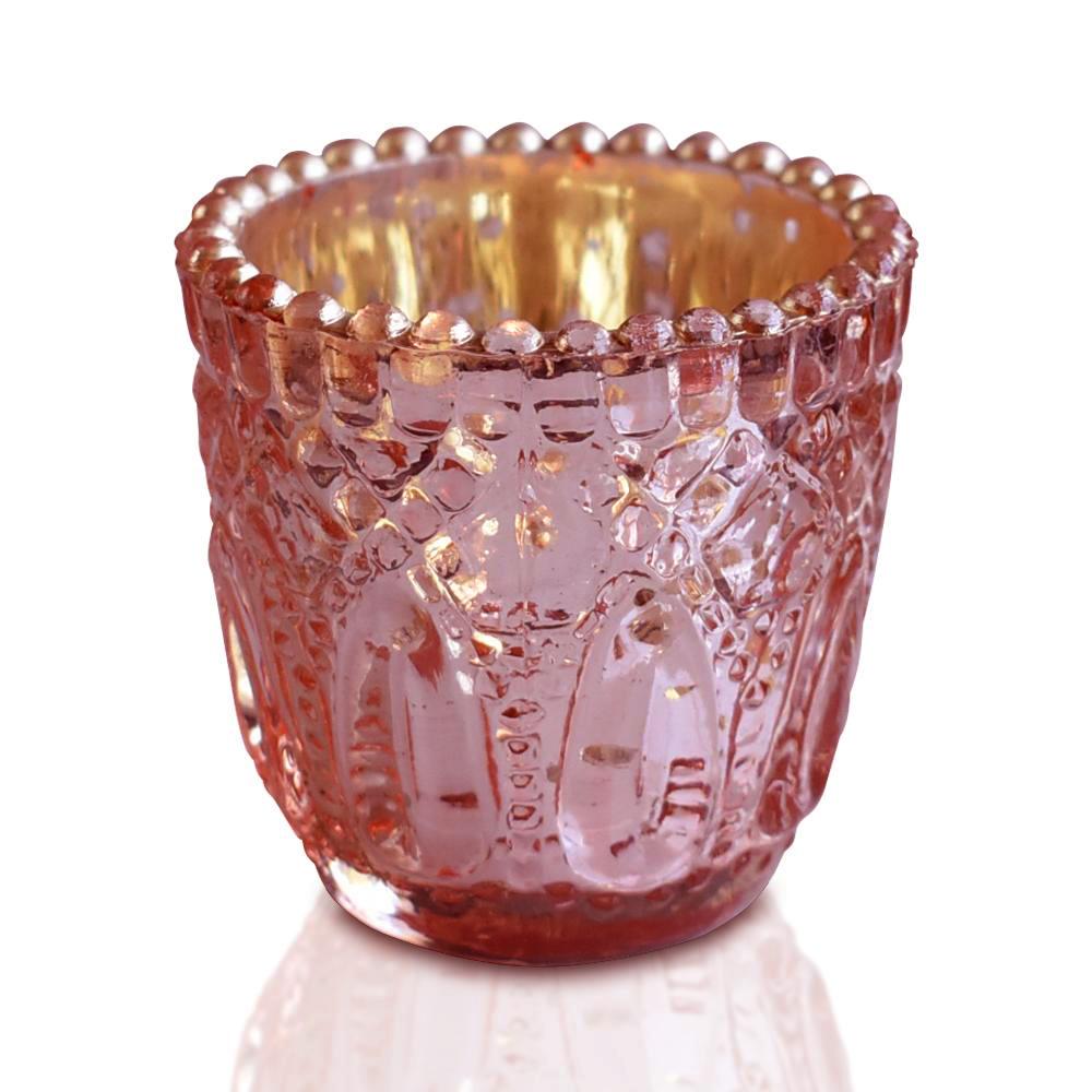 6 Pack | Faceted Vintage Mercury Glass Candle Holders (2.75-Inch, Lillian Design, Electric Pink) - Use with Tea Lights - For Home Decor, Parties and Wedding Decorations - Luna Bazaar | Boho &amp; Vintage Style Decor