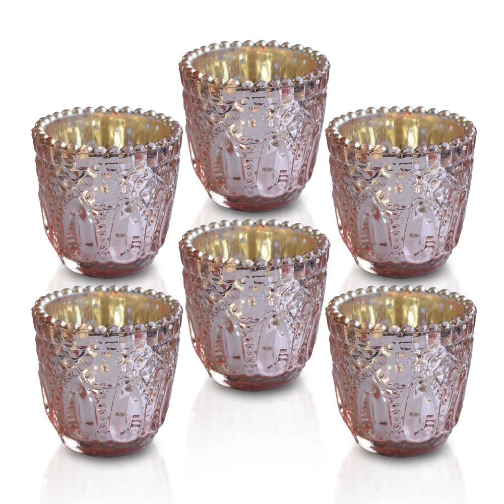 6-Pack Lillian Faceted Vintage Glass Candle Holders (Rose Gold Pink) For Use with Tea Lights - Luna Bazaar | Boho &amp; Vintage Style Decor
