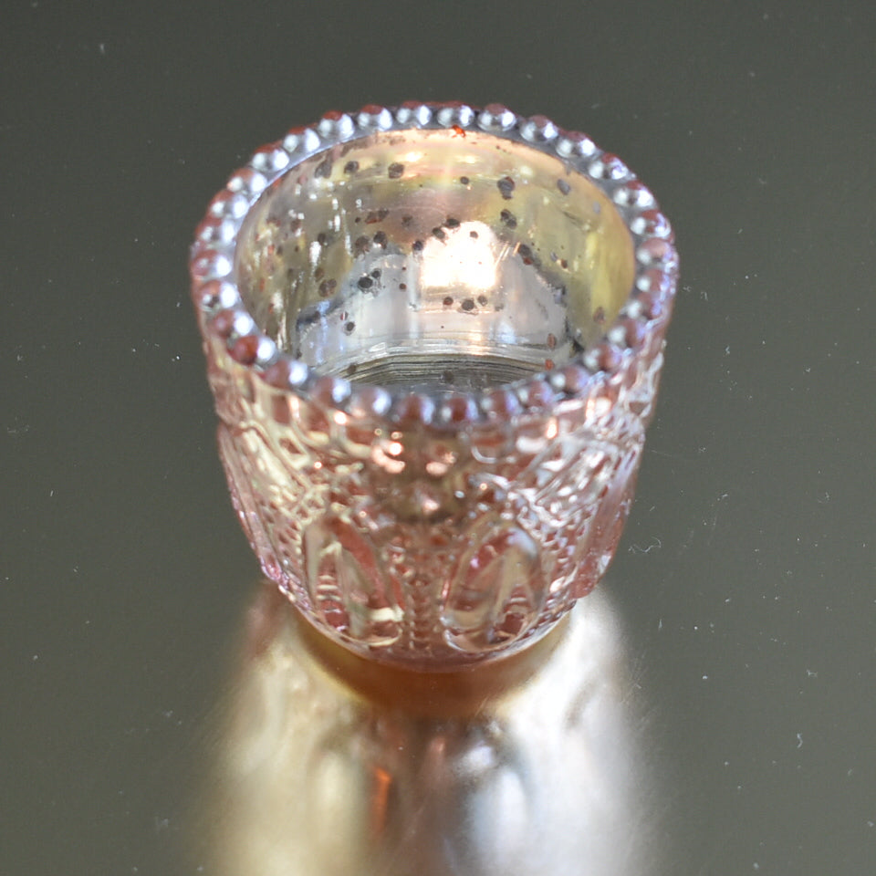 Faceted Vintage Mercury Glass Candle Holder (2.75-Inch, Lillian Design, Rose Gold Pink) - For Use with Tea Lights - For Home Decor and Wedding Decorations - LunaBazaar.com - Discover. Decorate. Celebrate.