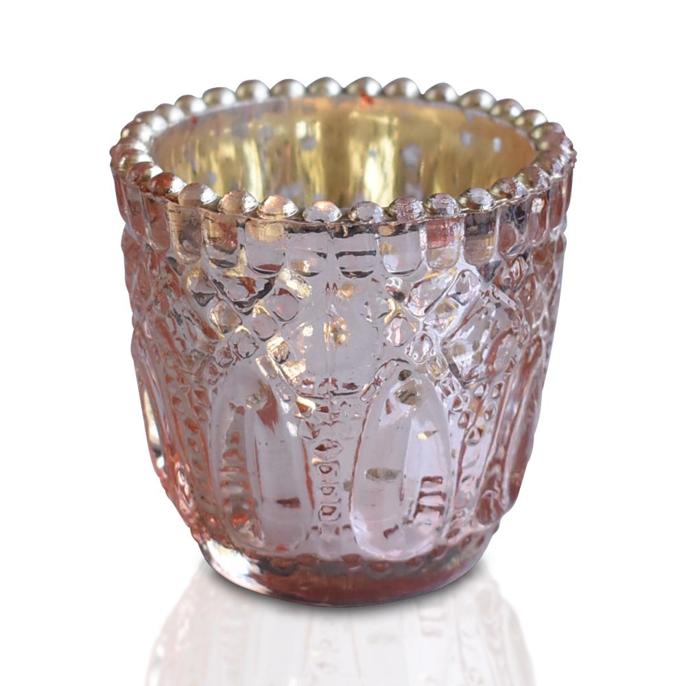 Lillian Faceted Vintage Glass Candle Holder (Rose Gold Pink, Single) For Use with Tea Lights - For Home Decor and Wedding Decorations - Luna Bazaar | Boho &amp; Vintage Style Decor