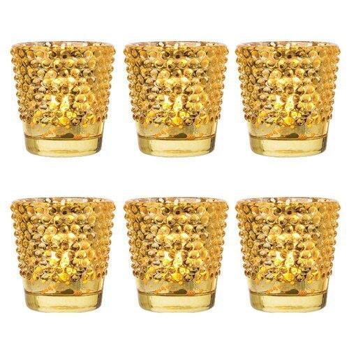 6-Pack Vintage Mercury Glass Candle Holder (2.5-Inch, Candace Design, Hobnail Motif, Gold) - For Use with Tea Lights - For Home Decor, Parties, and Wedding Decorations - Luna Bazaar | Boho &amp; Vintage Style Decor