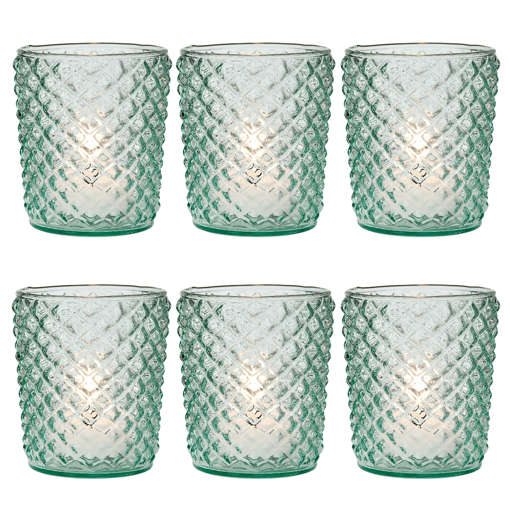 6-Pack Vintage Glass Candle Holder (3-Inch, Zariah Design, Vintage Green) - For Use with Tea Lights - For Home Decor, Parties, and Wedding Decorations - Luna Bazaar | Boho &amp; Vintage Style Decor