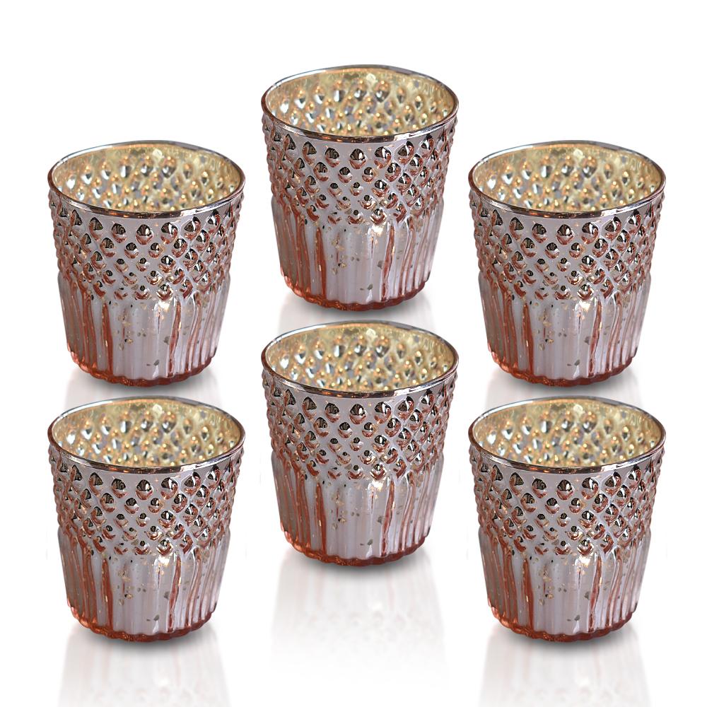 6-Pack Ophelia Mercury Glass Tealight Holders (Rose Gold Pink) For Use with Tea Lights - For Home Decor, Parties and Wedding Decorations - Mercury Glass Votive Holders - Luna Bazaar | Boho &amp; Vintage Style Decor
