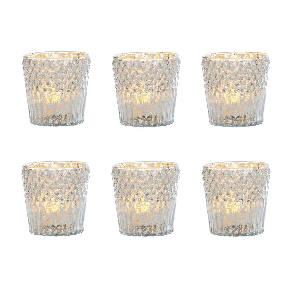 6-Pack Vintage Mercury Glass Candle Holder (3-Inch, Ophelia Design, Silver) - For Use with Tea Lights - For Home Decor, Parties, Wedding Decorations - Luna Bazaar | Boho &amp; Vintage Style Decor