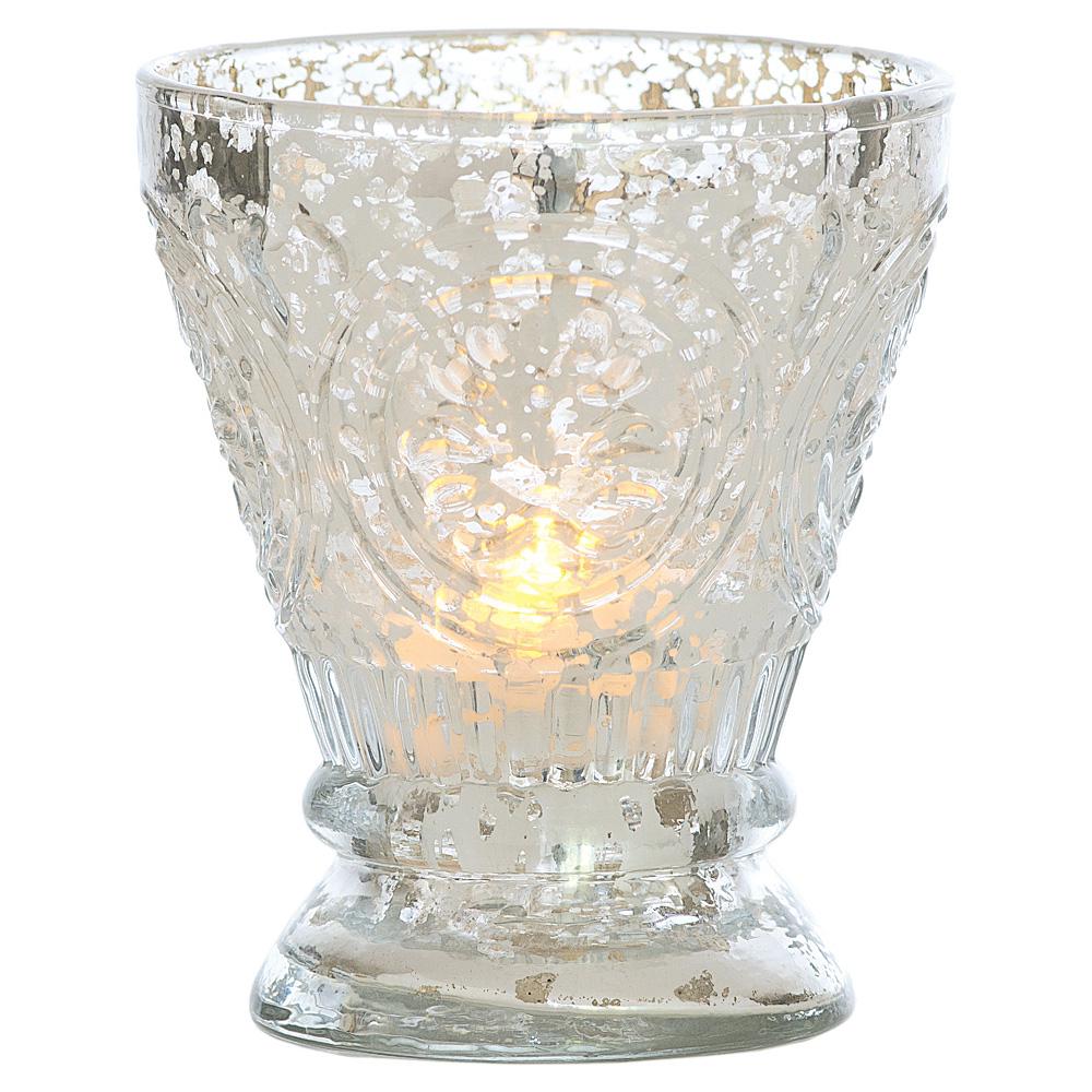 Vintage Mercury Glass Candle Holder (4-Inch, Rosemary Design, Silver) - For Use with Tea Lights - For Home Decor, Parties, and Wedding Decorations - Luna Bazaar | Boho &amp; Vintage Style Decor