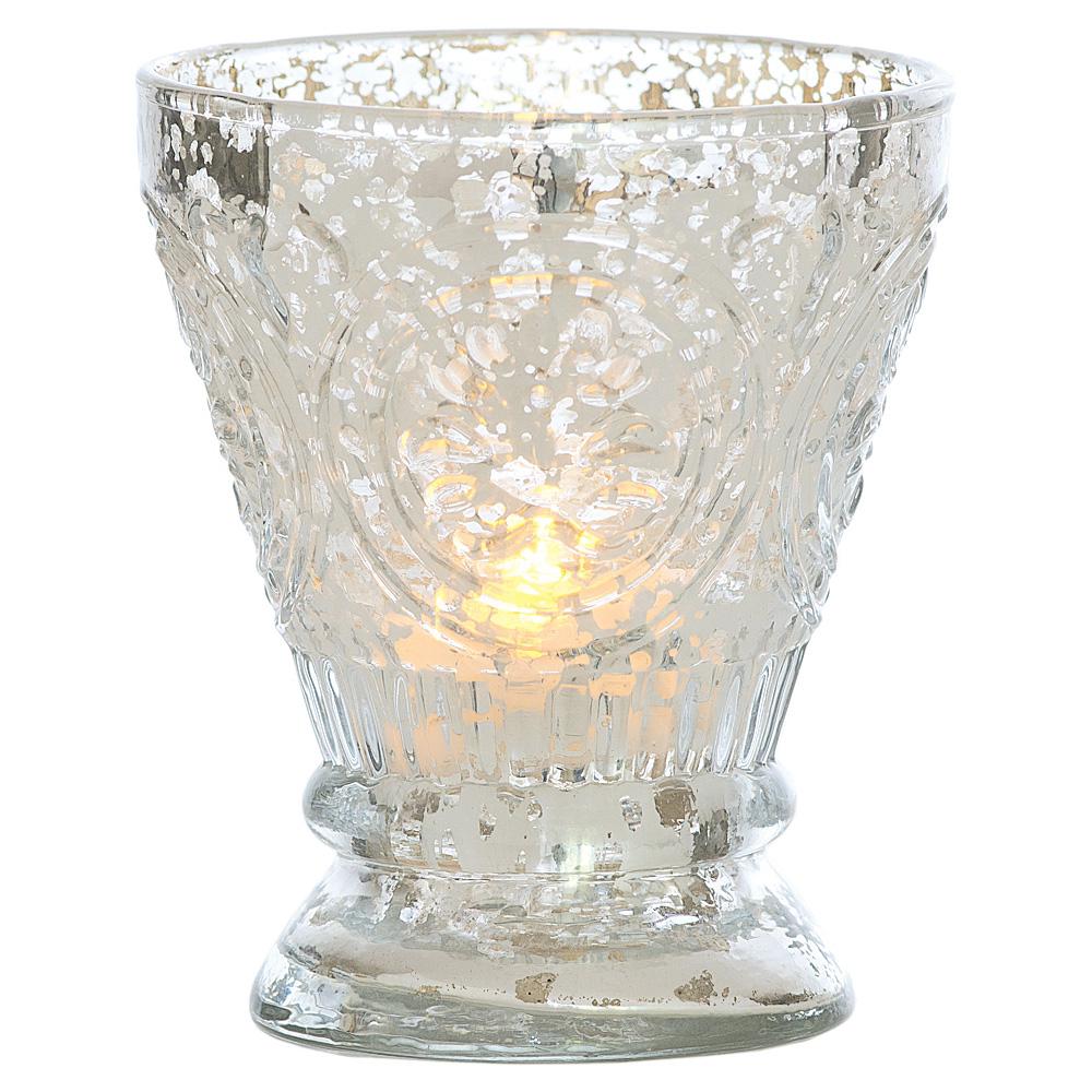 Vintage Mercury Glass Candle Holder (4-Inch, Rosemary Design, Silver) - For Use with Tea Lights - For Home Decor, Parties, and Wedding Decorations - Luna Bazaar | Boho & Vintage Style Decor