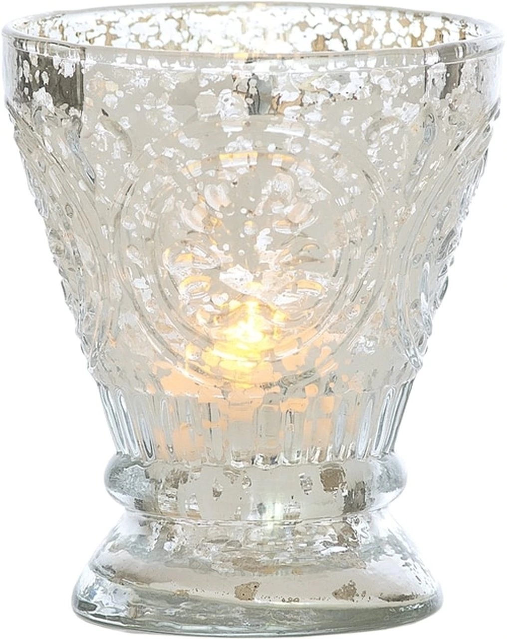 Vintage Mercury Glass Candle Holder (4-Inch, Rosemary Design, Silver) - For Use with Tea Lights - For Home Decor, Parties, and Wedding Decorations - Luna Bazaar | Boho & Vintage Style Decor