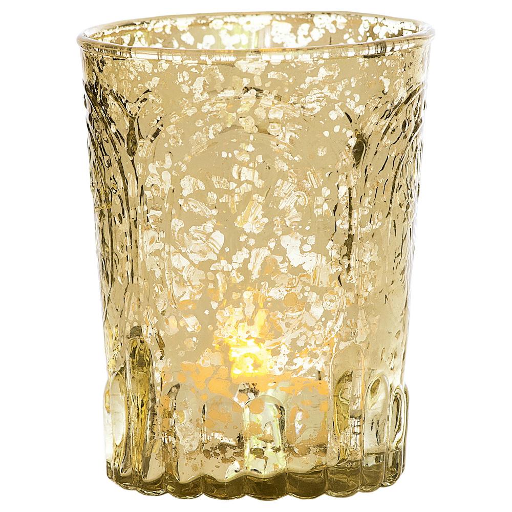 Vintage Mercury Glass Candle Holder (4-Inch, Heather Design, Gold) - For Use with Tea Lights - For Home Decor, Parties, and Wedding Decorations - Luna Bazaar | Boho &amp; Vintage Style Decor