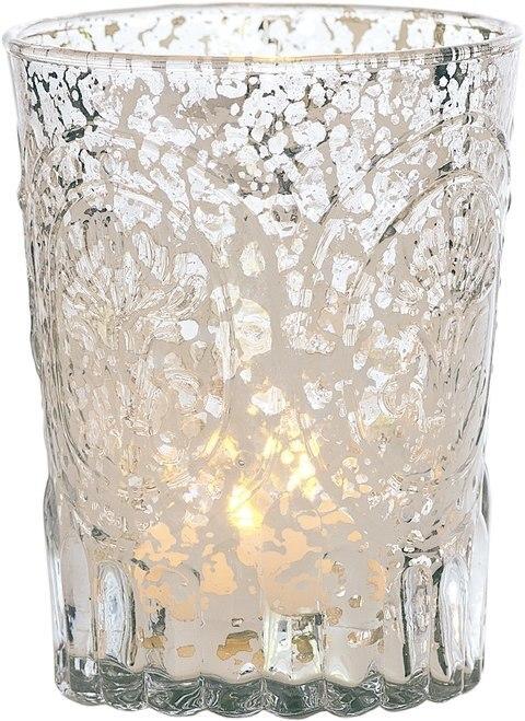 Vintage Mercury Glass Candle Holder (4-Inch, Heather Design, Silver) - For Use with Tea Lights - For Home Decor, Parties, and Wedding Decorations - Luna Bazaar | Boho &amp; Vintage Style Decor