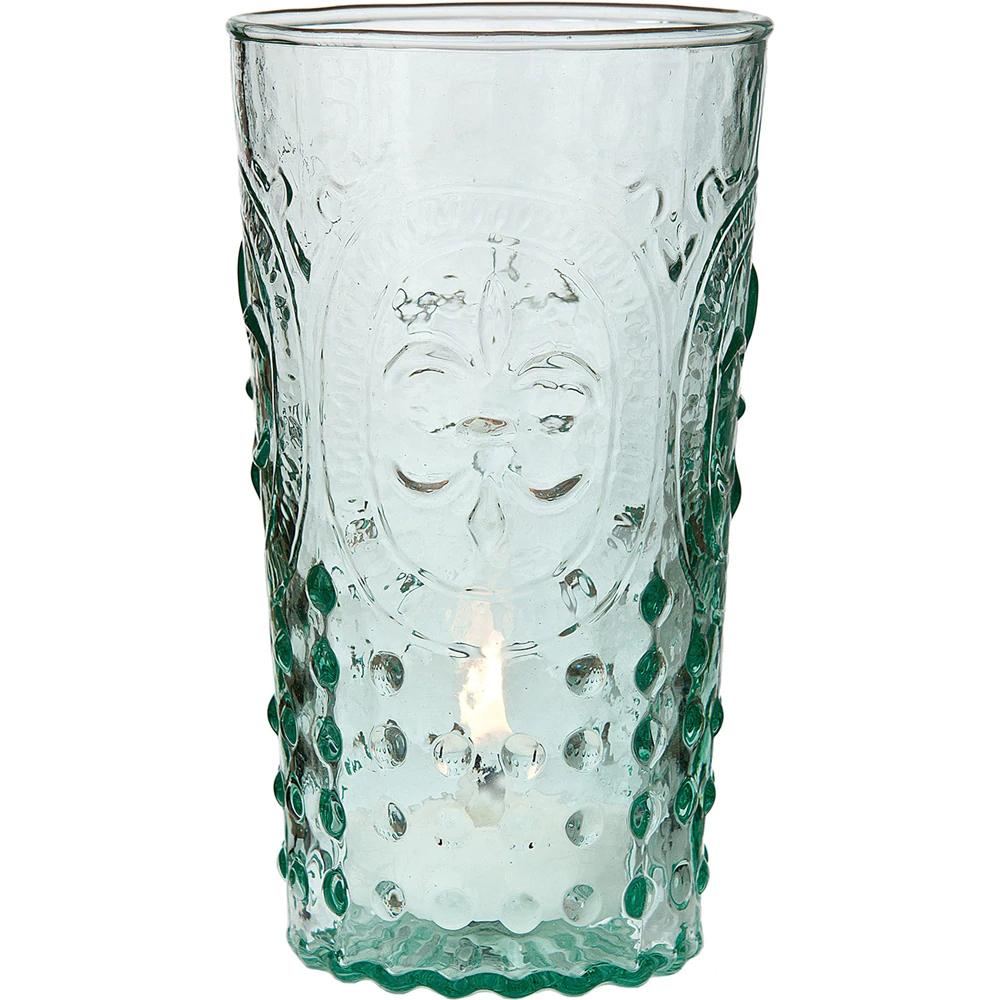 Vintage Glassware, Votive Holder, Vase (5.25-Inch, Ivy Design, Fleur de Lis Motif, Vintage Green) - FOOD SAFE - For Parties, Weddings, and Home Use - Luna Bazaar | Boho & Vintage Style Decor