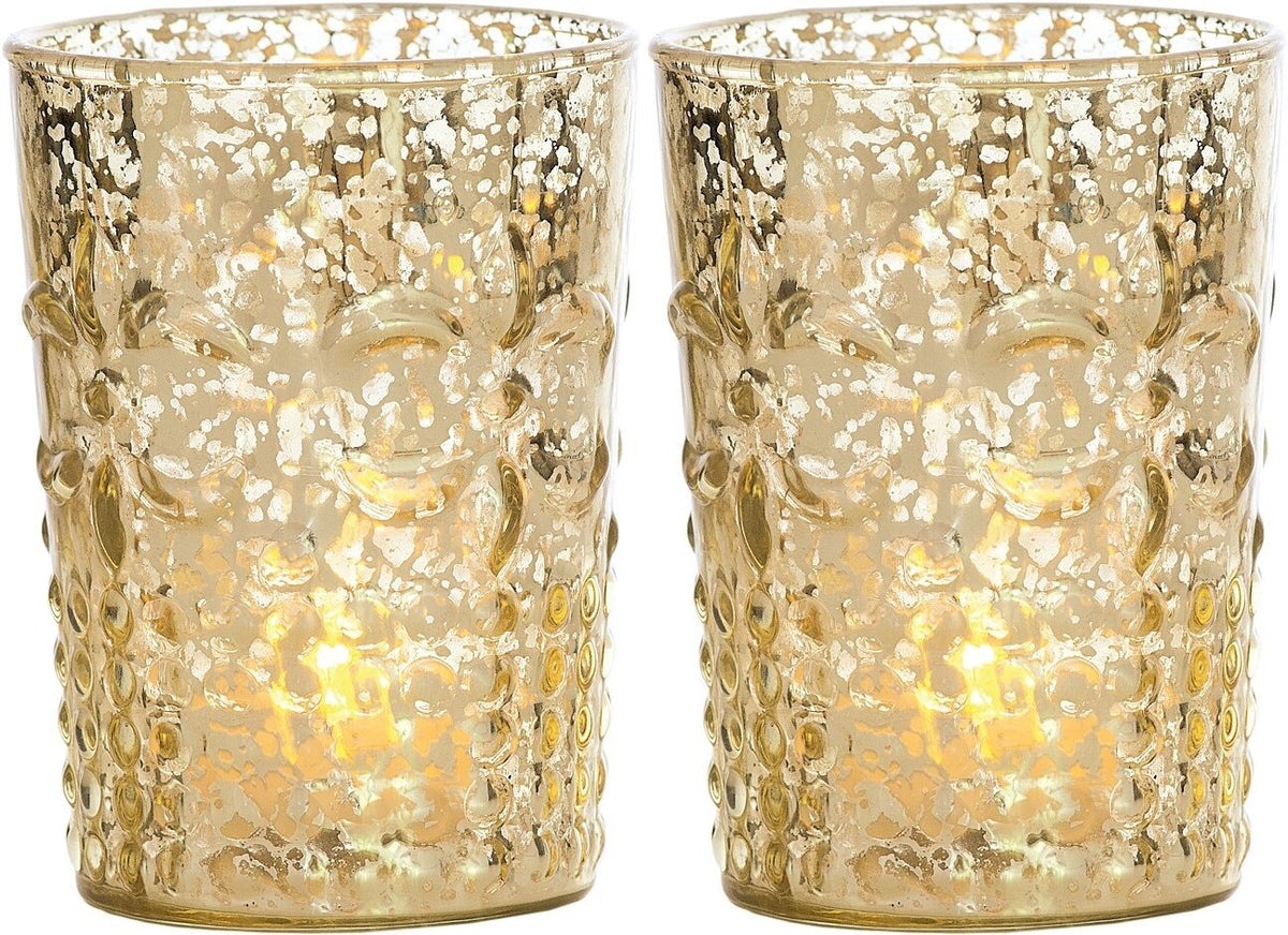 Vintage Mercury Glass Candle Holder (4-Inch, Fleur Design, Flower Motif, Gold, Set of 2) - For Home Decor, Party Decorations, and Wedding Centerpieces - LunaBazaar.com - Discover. Celebrate. Decorate.