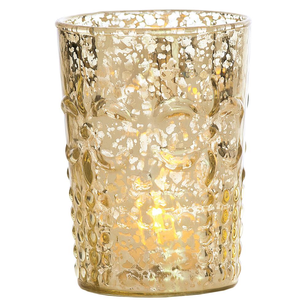 Vintage Mercury Glass Candle Holder (4-Inch, Fleur Design, Flower Motif, Gold) - For Home Decor, Party Decorations, and Wedding Centerpieces - LunaBazaar.com - Discover. Celebrate. Decorate.