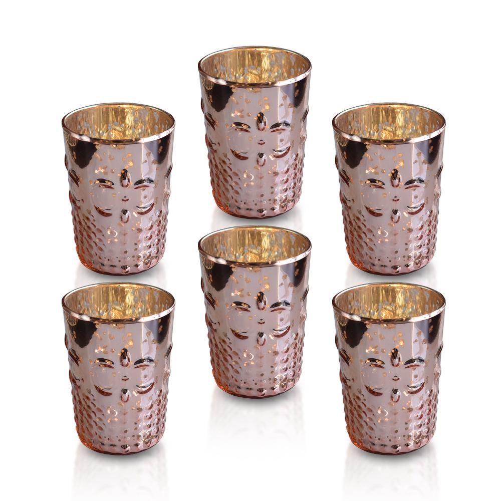 6 Pack | Fleur Mercury Glass Tealight Holders (Rose Gold Pink) For Use with Tea Lights - For Home Decor, Parties and Wedding Decorations - Mercury Glass Votive Holders - LunaBazaar.com - Discover. Celebrate. Decorate.
