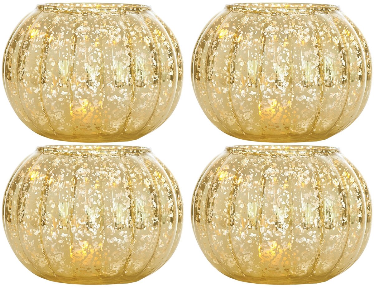 4-Pack Small Vintage Mercury Glass Candle Holder (3.5-Inch, Autumn Design, Gold) - For Home Decor, Party Decorations, and Wedding Centerpieces - Luna Bazaar | Boho &amp; Vintage Style Decor