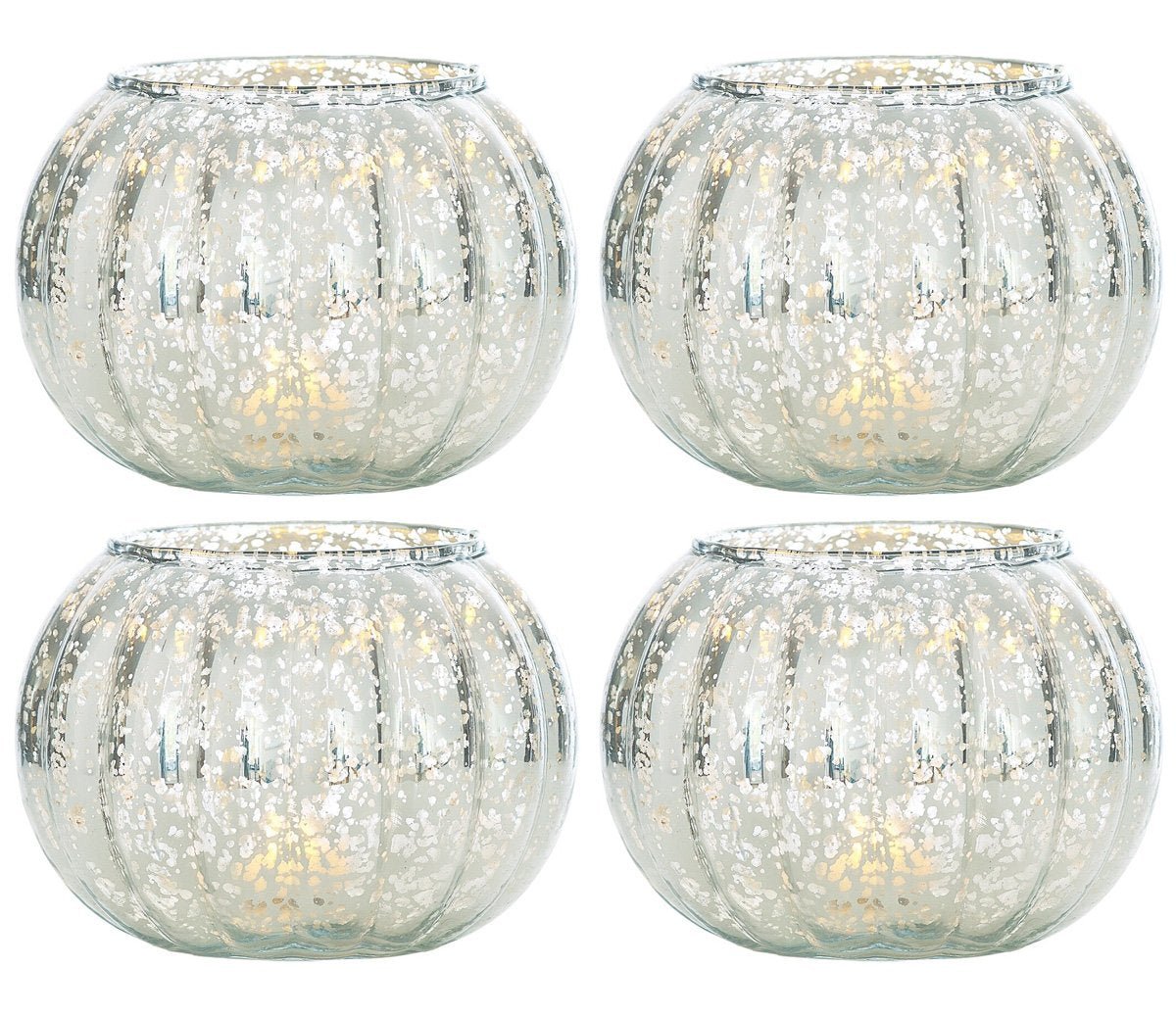 4-Pack Small Vintage Mercury Glass Candle Holder (3.5-Inch, Autumn Design, Silver) - For Home Decor, Party Decorations, and Wedding Centerpieces - Luna Bazaar | Boho &amp; Vintage Style Decor