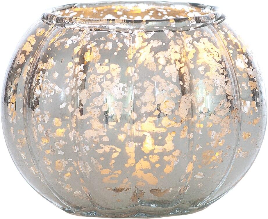 Small Vintage Mercury Glass Candle Holder (3.5-Inch, Autumn Design, Silver) - For Home Decor, Party Decorations, and Wedding Centerpieces - Luna Bazaar | Boho &amp; Vintage Style Decor