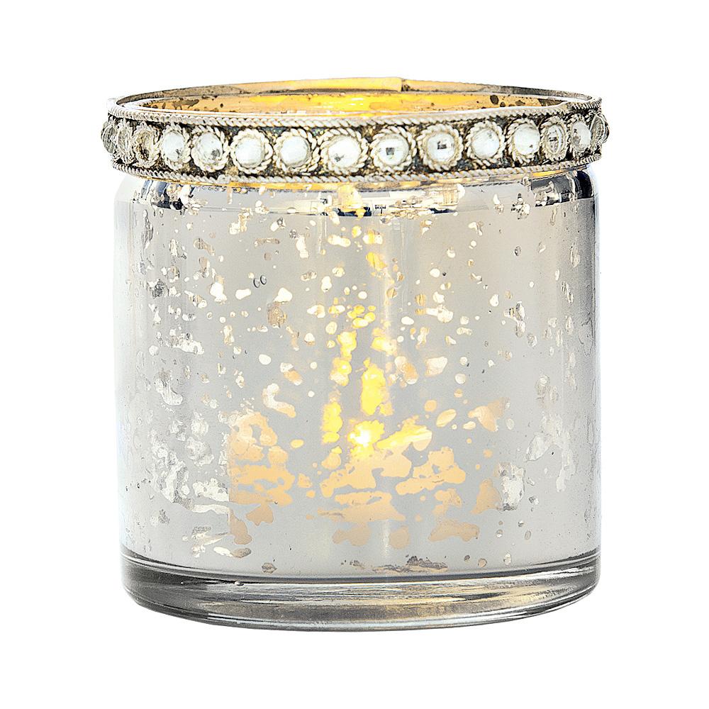 Vintage Mercury Glass Candle Holder with Rhinestones (2.5-Inch, Thea Design, Silver) - For Use with Tea Lights - For Home Decor, Parties, and Wedding Decorations - Luna Bazaar | Boho &amp; Vintage Style Decor
