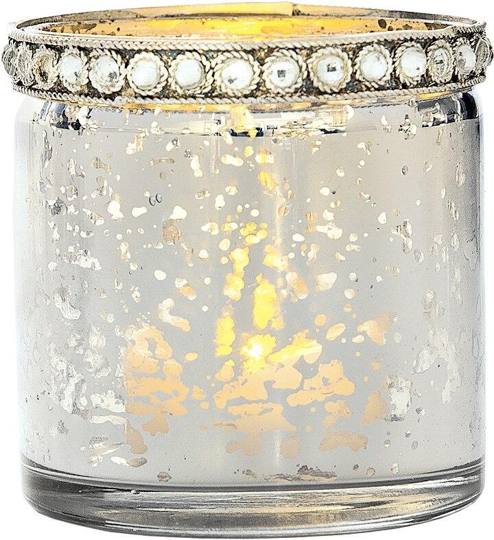 Vintage Mercury Glass Candle Holder with Rhinestones (2.5-Inch, Thea Design, Silver) - For Use with Tea Lights - For Home Decor, Parties, and Wedding Decorations - Luna Bazaar | Boho &amp; Vintage Style Decor