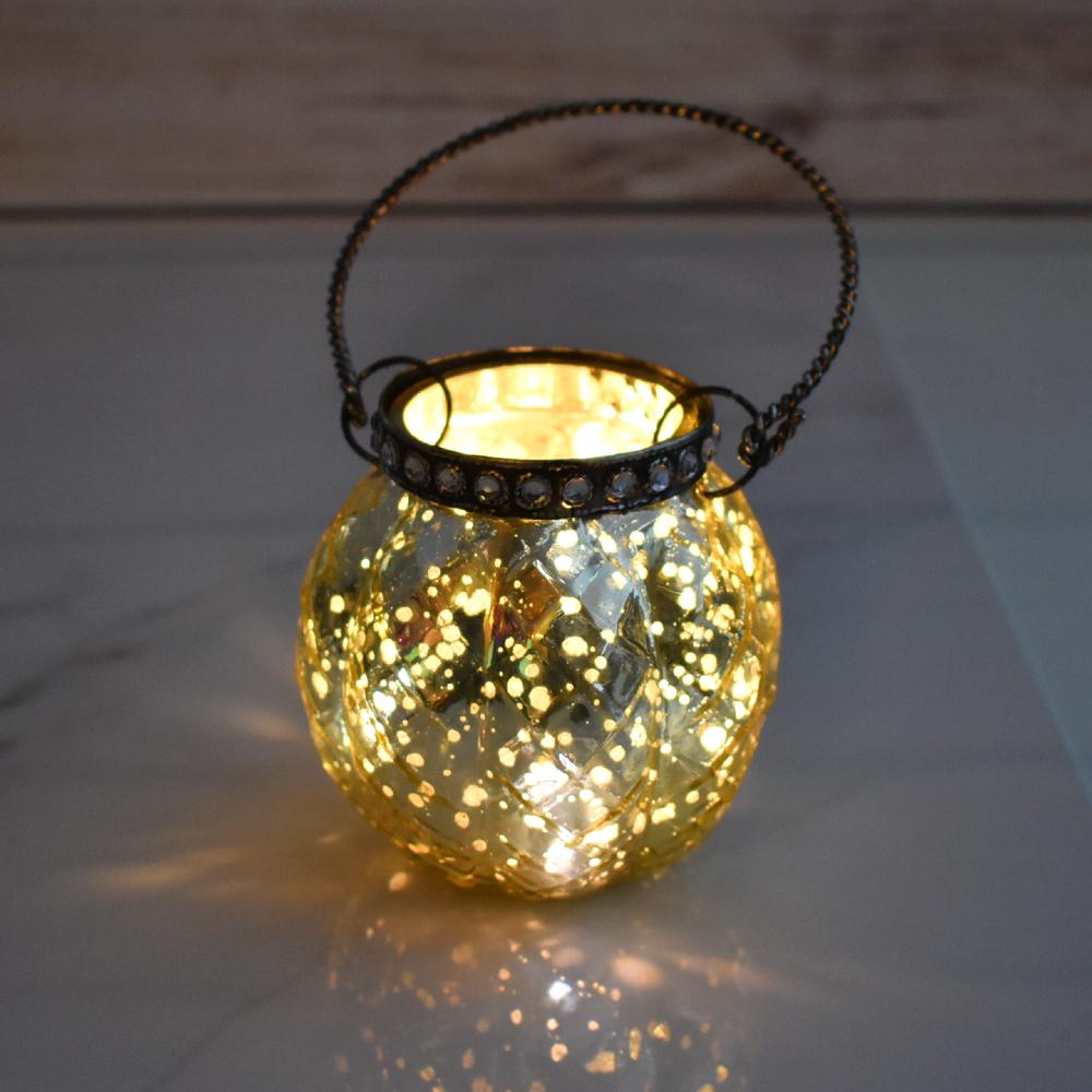 Hanging Mercury Glass Candle Holder with Rhinestones (2.5-Inch, Aria Design, Gold) - For Use with Tea Lights - For Home Decor, Parties, and Wedding Decorations - Luna Bazaar | Boho &amp; Vintage Style Decor
