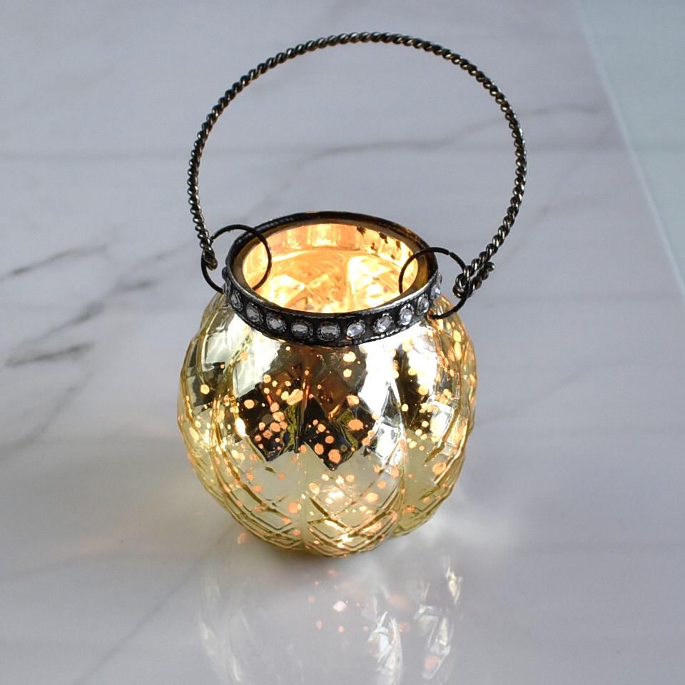 Hanging Mercury Glass Candle Holder with Rhinestones (2.5-Inch, Aria Design, Gold) - For Use with Tea Lights - For Home Decor, Parties, and Wedding Decorations - Luna Bazaar | Boho &amp; Vintage Style Decor