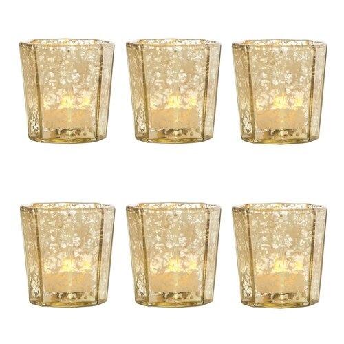 6-Pack Vintage Mercury Glass Candle Holder (2.75-Inch, Patricia Design, Gold) - For Use with Tea Lights - For Home Decor, Parties, and Wedding Decorations - Luna Bazaar | Boho &amp; Vintage Style Decor