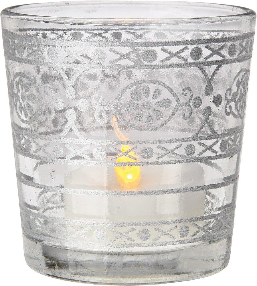 CLOSEOUT Glass Candle Holder (2.5-Inch, Elisa Design, Clear, Mehndi Silver Accents) - For Use with Tea Lights - For Home Decor, Parties and Wedding Decorations - Luna Bazaar | Boho &amp; Vintage Style Decor