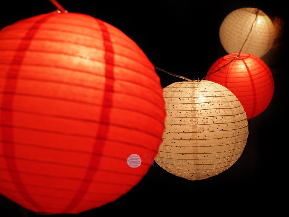 12&quot; Valentine&#39;s Day Red / White Lace Paper Lantern String Light COMBO Kit (21 FT, EXPANDABLE, White Cord) - LunaBazaar.com - Discover. Decorate. Celebrate.