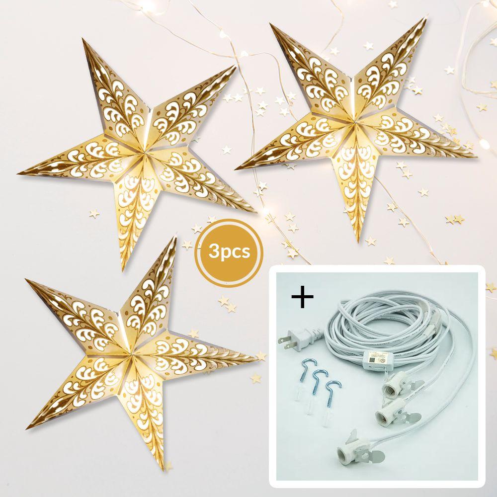 Gold Glitter Wave 24 Inch Illuminated Paper Star Lanterns and Lamp Cord Hanging Decorations (3-PACK + CORD + BULBS)