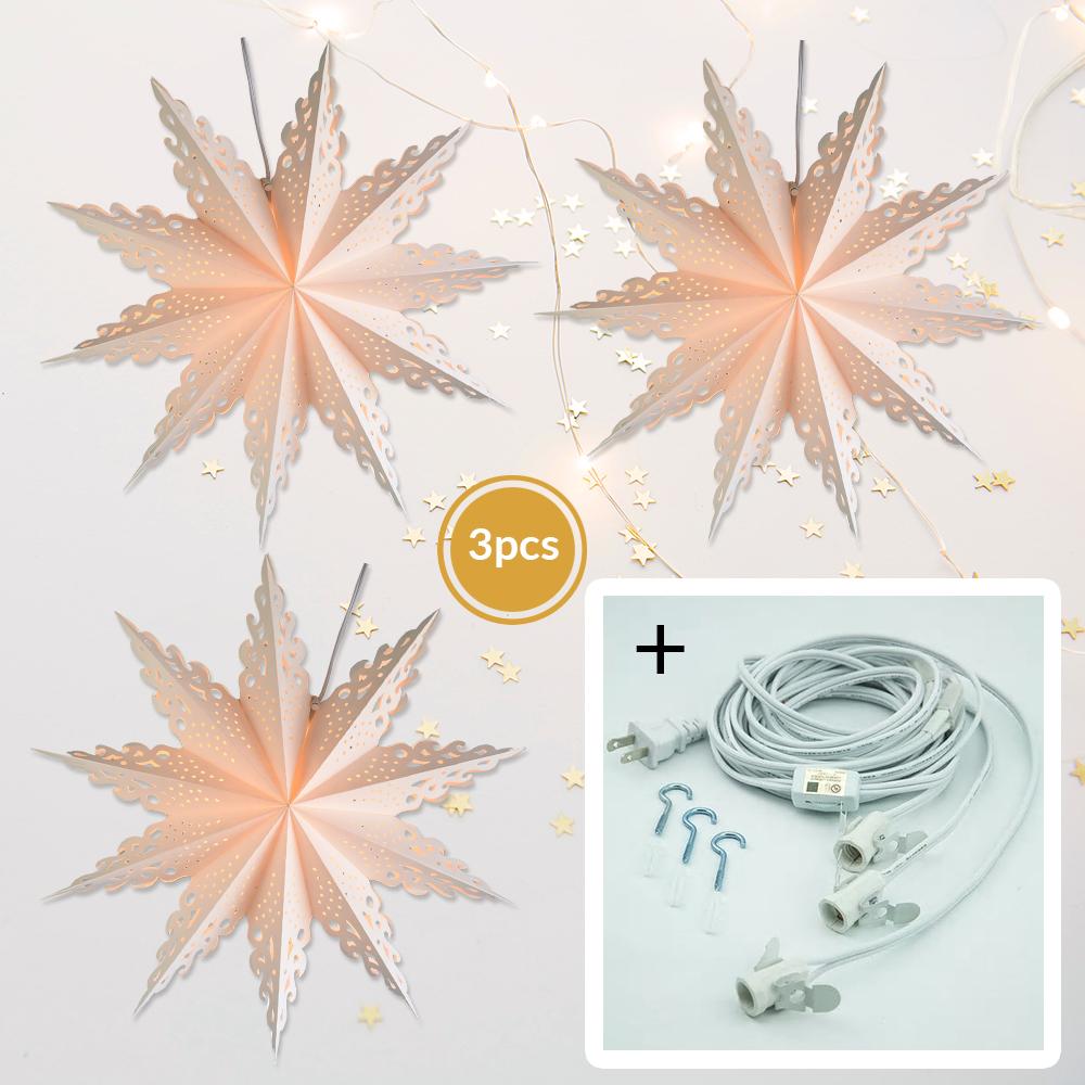 White Winter Ice Crystal 24 Inch Pizzelle Designer Illuminated Paper Star Lanterns and Lamp Cord Hanging Decorations (3-PACK + CORD + BULBS)