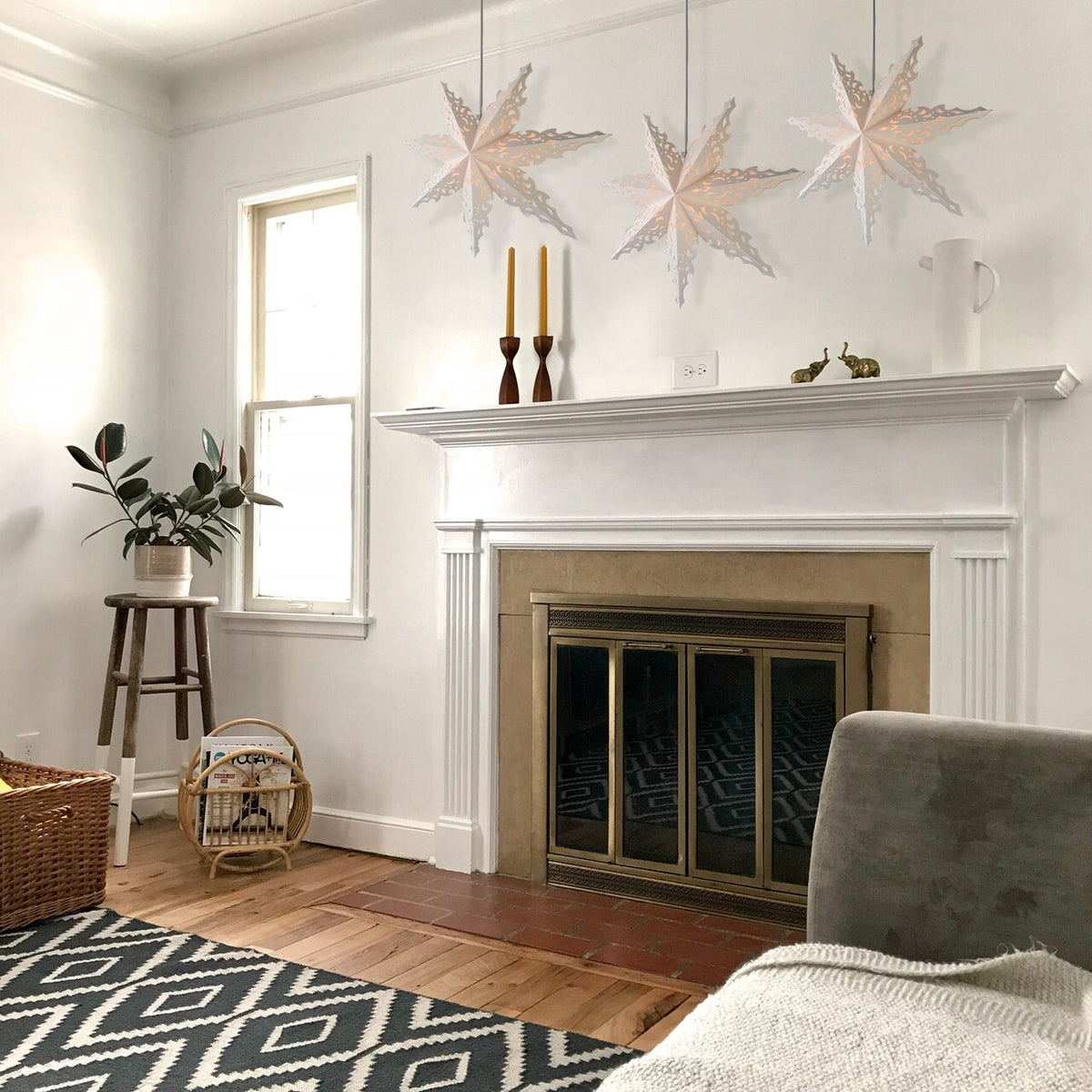 3-PACK + Cord | White Winter North Star 24&quot; Pizzelle Designer Illuminated Paper Star Lanterns and Lamp Cord Hanging Decorations - LunaBazaar.com - Discover. Decorate. Celebrate.