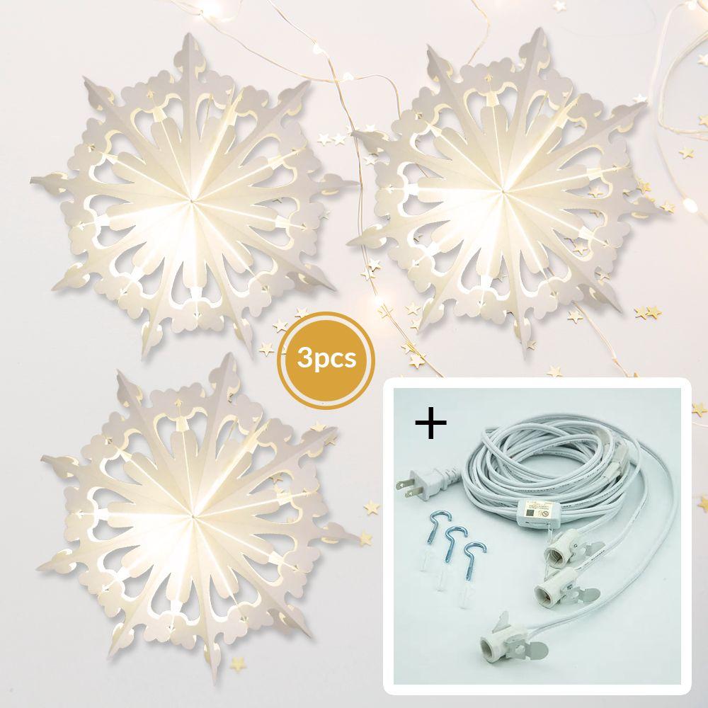 White Semplice 24 Inch Pizzelle Designer Illuminated Paper Star Lanterns and Lamp Cord Hanging Decorations (3-PACK + CORD + BULBS)