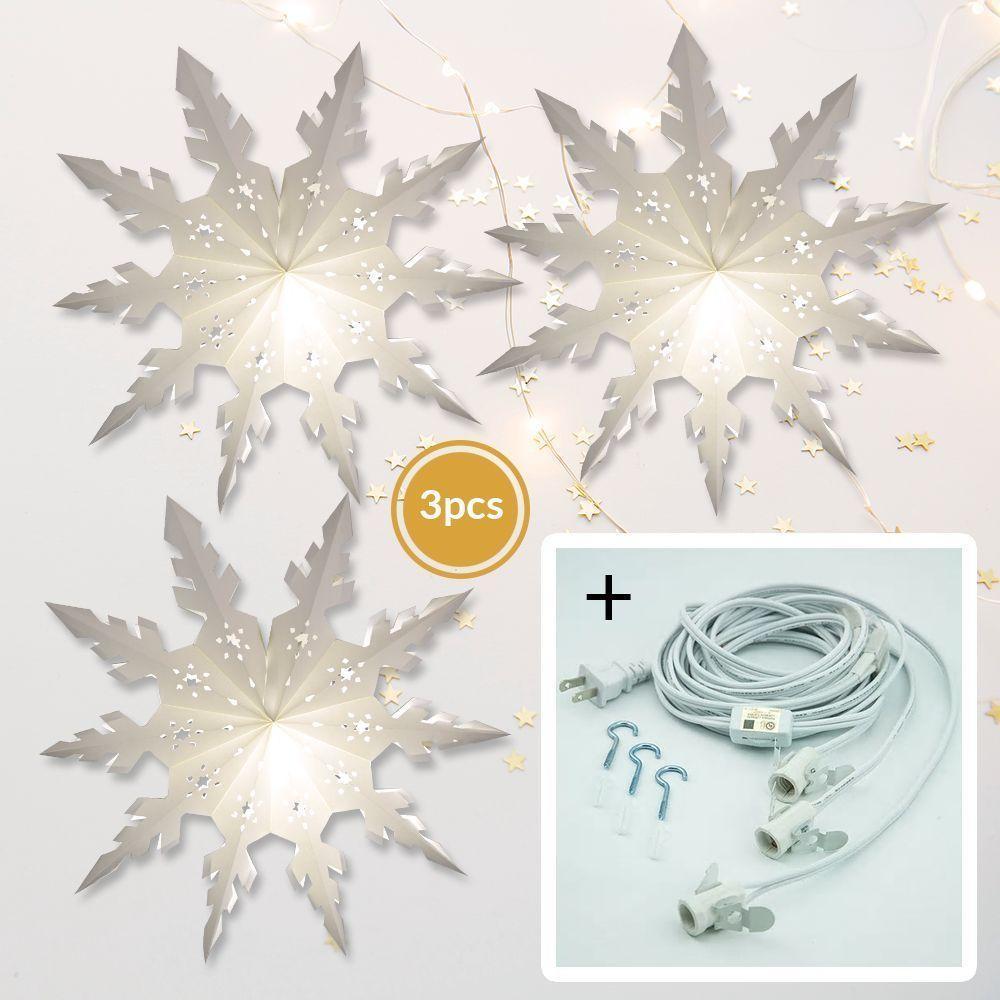 3-PACK + Cord | White Winter Peppermint 32 Inch Pizzelle Designer Illuminated Paper Star Lanterns and Lamp Cord Hanging Decorations - LunaBazaar.com - Discover. Decorate. Celebrate.