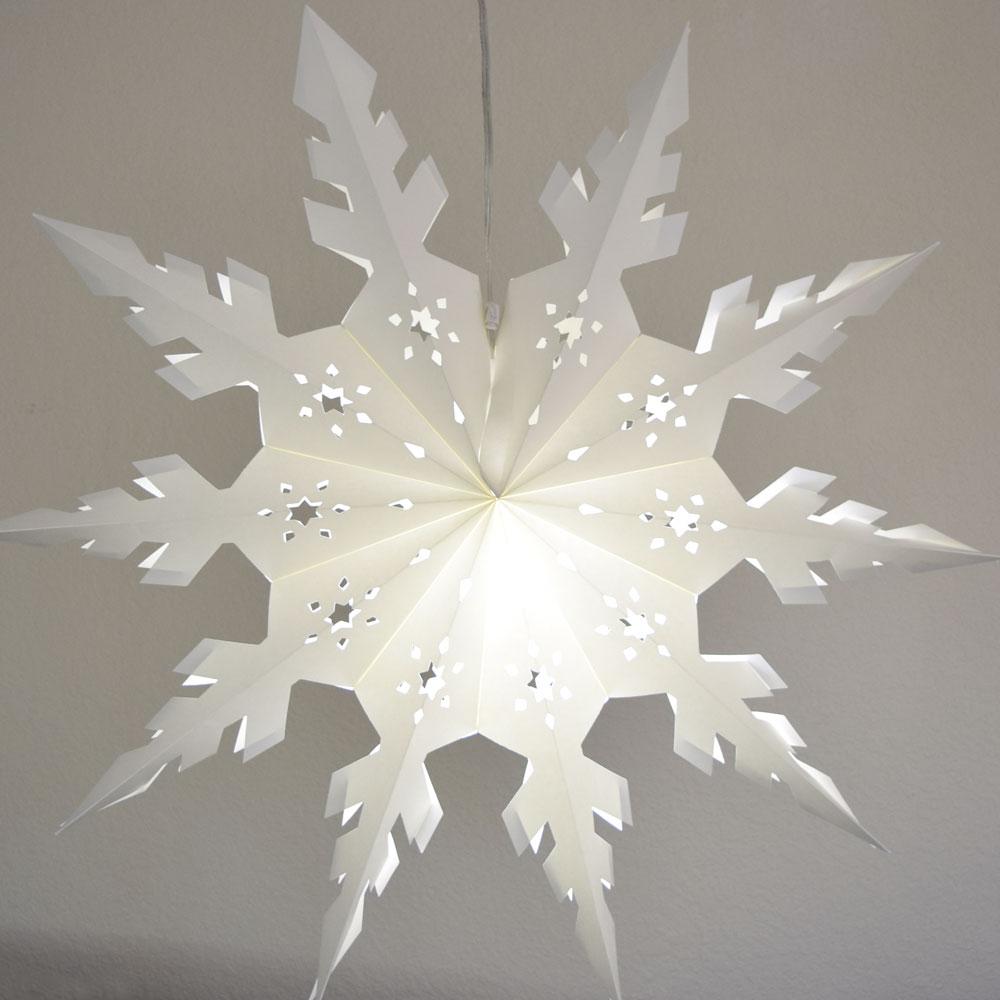 Quasimoon Pizzelle Paper Star Lantern (24-Inch, White, Winter Peppermint Snowflake Design) - Great With or Without Lights - Snowflake Decorations