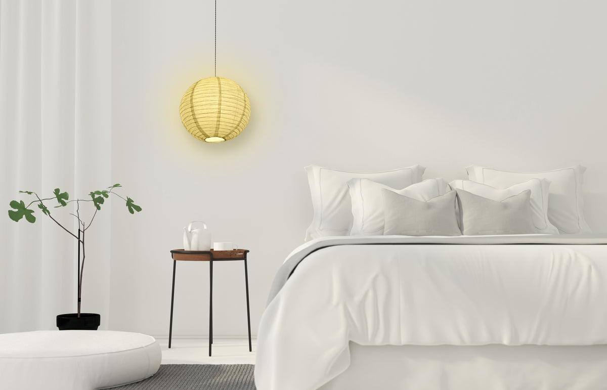 LANTERN + CORD + COLOR BULB | White Crepe Premium Paper Lantern with Pendant Cord Combo Kit, Switch, E26, Yellow Bulb - Luna Bazaar | Boho &amp; Vintage Style Decor